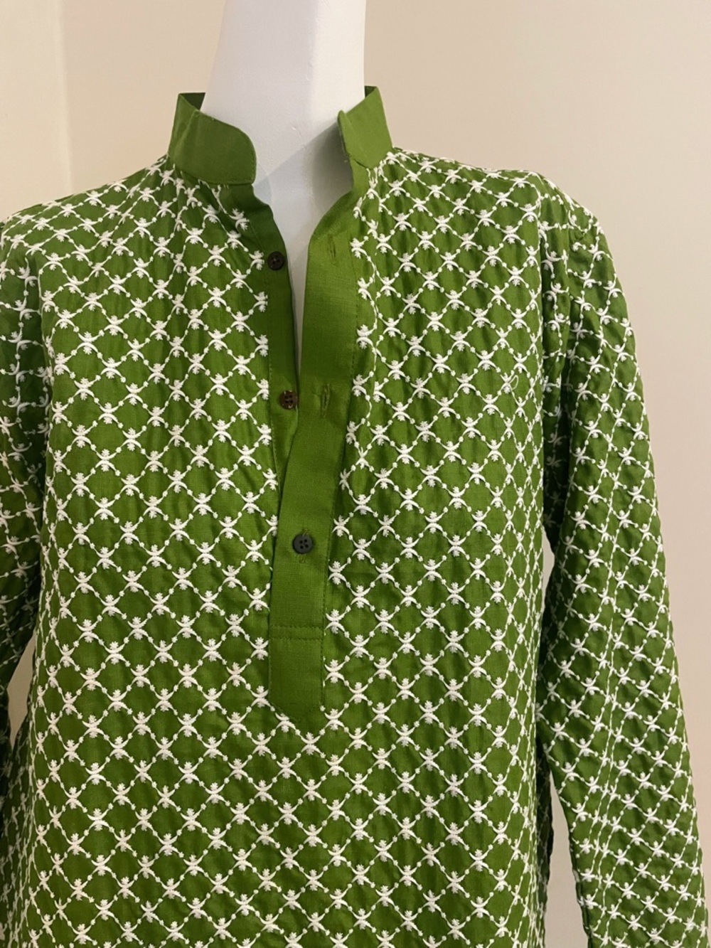 Green Patterned Band-Collar Button-Down Shirt